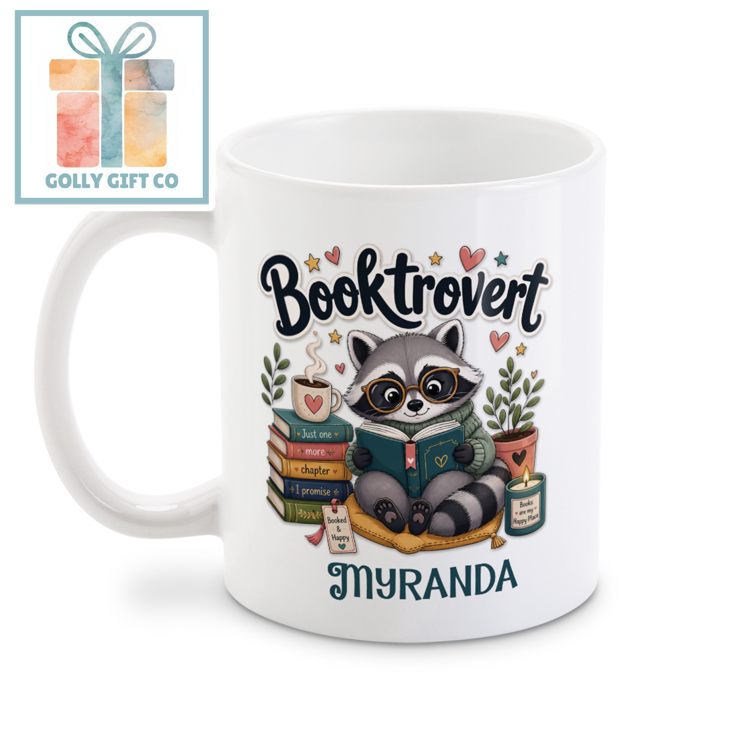 Personalized Booktrovert Mug | Custom Name Book Lover Gift | Raccoon Reading Coffee Cup | Gift for Readers - Golly Gift Co