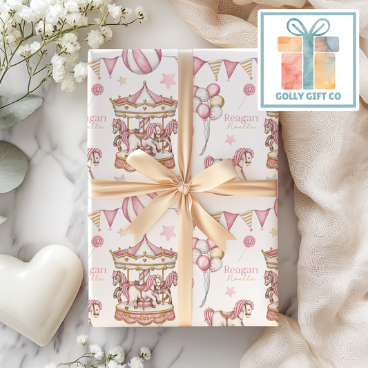 Personalized Pink Carousel Wrapping Paper - Your Name Baby Birthday or Baby Shower Gift Wrap - Baby's Name on Pink Carousel Gift Wrap - Golly Gift Co