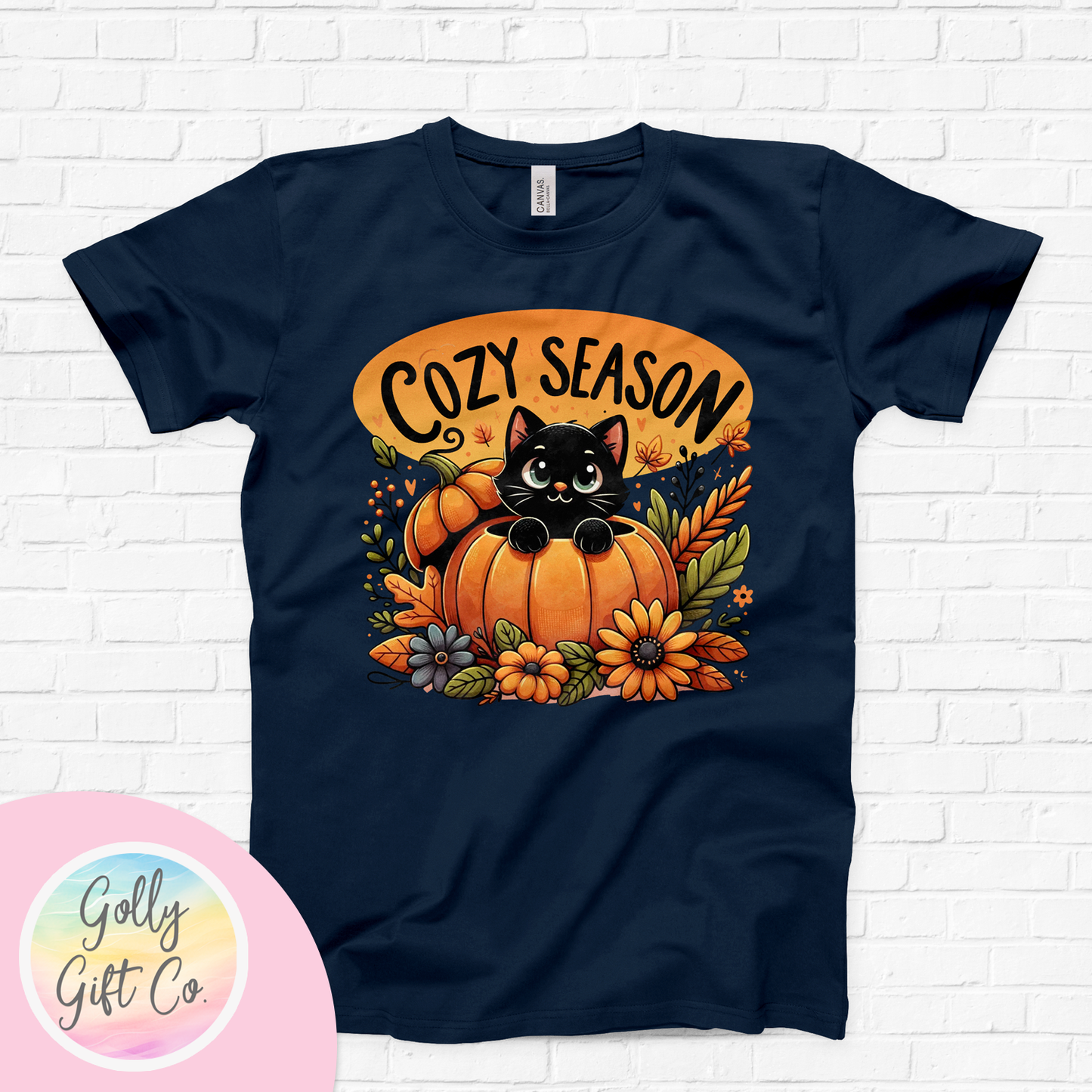 Fall/Thanksgiving It's Cozy Season - Black Cat in a Pumpkin T-Shirt (Bella Canvas) - Golly Gift Co