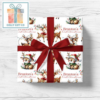 Personalized Baby's First Christmas Wrapping Paper - Your Name Christmas Gift Wrap - Baby's Name and Cute Reindeers Christmas Gift Wrap - Golly Gift Co