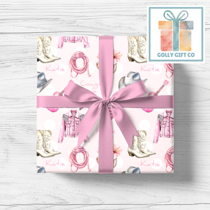 Personalized Pink Cowgirl Wrapping Paper For Any Occasion - Country and Western Gift Wrap for Cowgirls - Birthday Gift Wrap or Any Occasion - Golly Gift Co