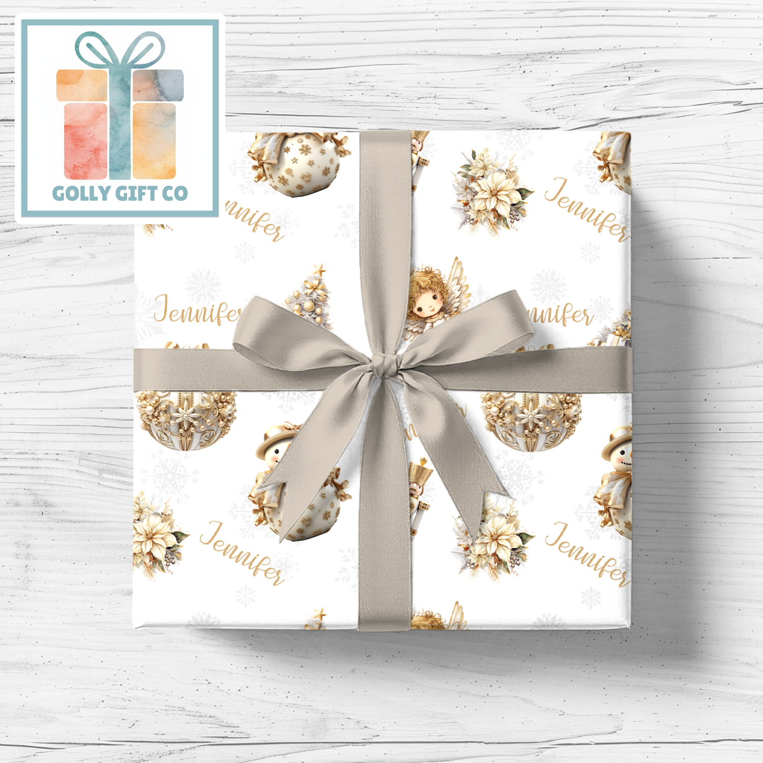 Personalized Gold Christmas Wrapping Paper - Your Name Christmas Gift Wrap in Hues of Silver and Gold - Elegant Christmas Wrapping Paper - Golly Gift Co