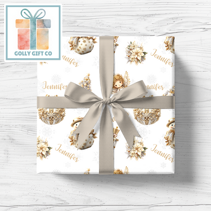 Personalized Gold Christmas Wrapping Paper - Your Name Christmas Gift Wrap in Hues of Silver and Gold - Elegant Christmas Wrapping Paper - Golly Gift Co