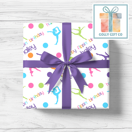 Gymnastics Birthday Gift Wrap / Girls Gymnastics Themed Wrapping Paper / Wrapping Paper for Gifts for Gymnasts - Happy Flippin Birthday - Golly Gift Co
