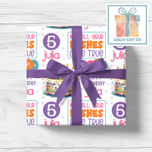 Personalized Happy Birthday Wrapping Paper - Name and Age Customized Gift Wrap for Girl's Birthday - Birthday Wishes - Golly Gift Co