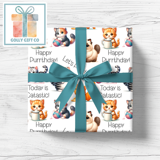 Let's Purrty Adorable Cat Wrapping Paper - Gift Wrap - Kittens and Cats Happy Purrthday Cat Puns Birthday or Other Occasion Wrapping Paper - Golly Gift Co