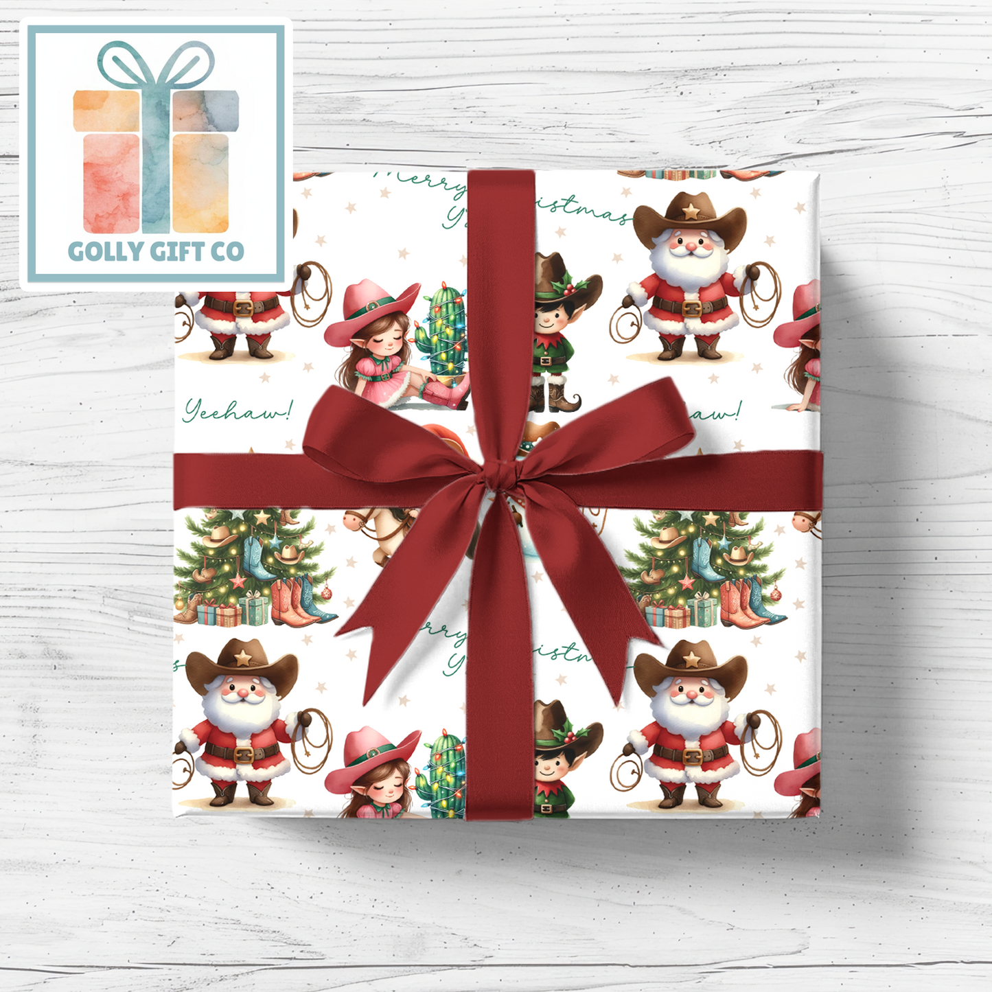 Cowboy Christmas Merry Christmas Y'all and Yeehaw Cowboy Santa Country and Western Christmas Wrapping Paper - Golly Gift Co