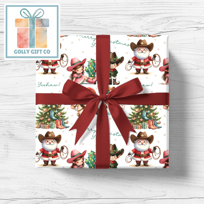 Cowboy Christmas Merry Christmas Y'all and Yeehaw Cowboy Santa Country and Western Christmas Wrapping Paper - Golly Gift Co