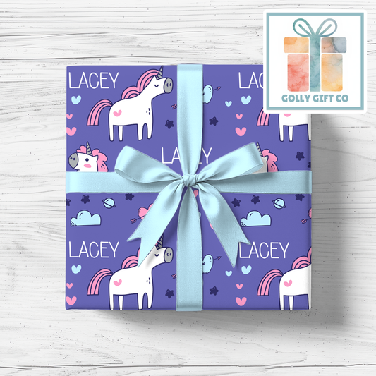 Personalized Special Occasion Unicorn Wrapping Paper - Birthday Gift Wrap for Girls with Unicorns, Hearts, and Stars - Golly Gift Co
