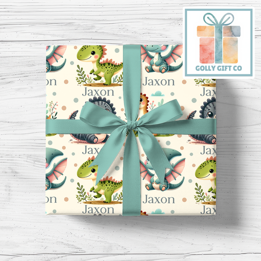 Personalized Dinosaur Wrapping Paper - Your Name Dinosaurs Gift Wrap - Custom Gift Wrap for Birthday / Baby Shower / Any Occasion - Golly Gift Co