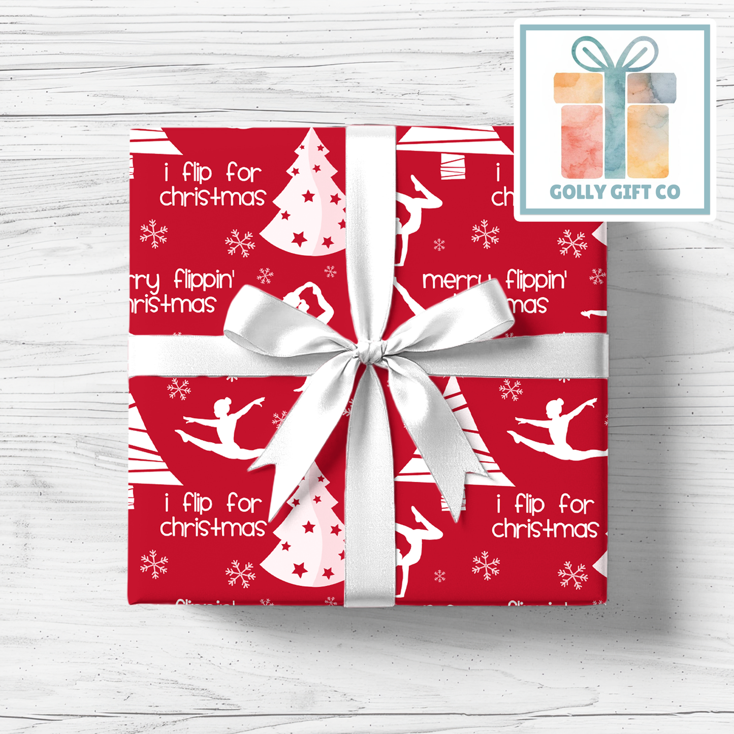 Gymnastics Christmas Gift Wrap / Girls Gymnastics Themed Wrapping Paper / Wrapping Paper for Gifts for Gymnasts - Flip For Christmas - Golly Gift Co