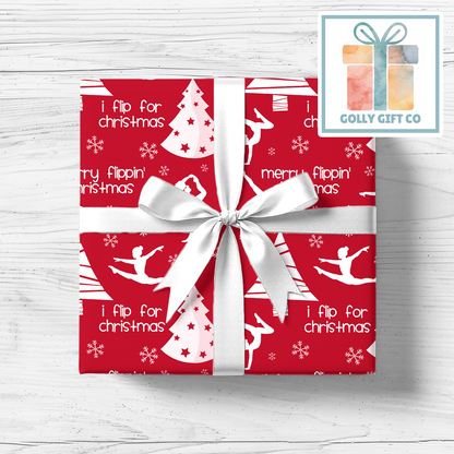 Gymnastics Christmas Gift Wrap / Girls Gymnastics Themed Wrapping Paper / Wrapping Paper for Gifts for Gymnasts - Flip For Christmas - Golly Gift Co