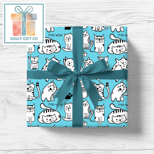 Doodle Kitties Wrapping Paper - Gift Wrap - Any Occasion Gift Wrapping Paper for Cat Lovers with Black and White Doodle Cats - Golly Gift Co