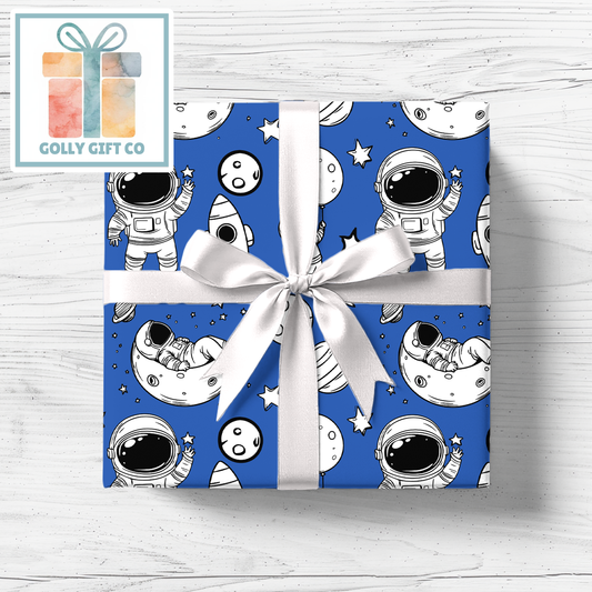 Doodle Space Astronauts Wrapping Paper - Gift Wrap - Any Occasion Gift Wrapping Paper for Space Enthusiasts with Black and White Astronauts - Golly Gift Co