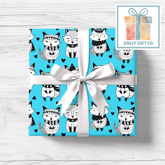 Doodle Fox Wrapping Paper - Gift Wrap - Any Occasion Gift Wrapping Paper With Black and White Doodle Foxes in Winter Clothes and Hearts - Golly Gift Co