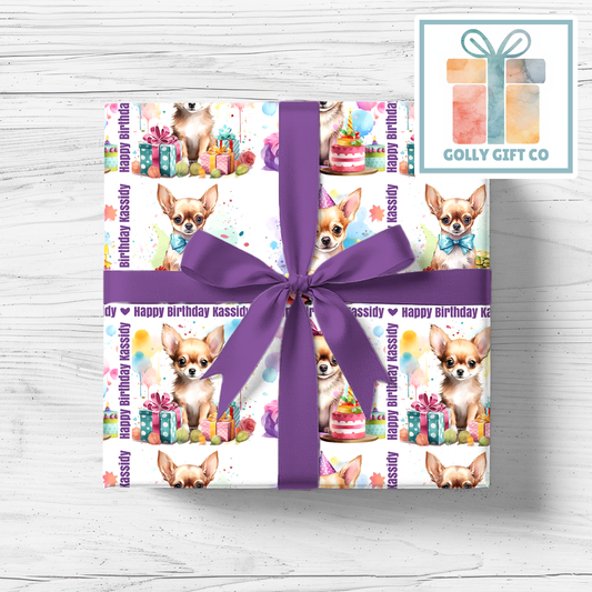 Personalized Chihuahua Birthday Wrapping Paper - Cute Dog Birthday Wrapping Paper for Dog Lover - Golly Gift Co