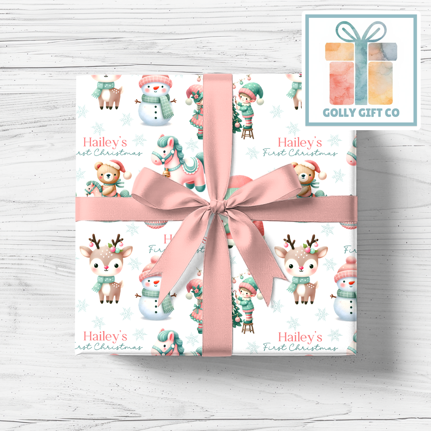 Personalized Baby's First Christmas Wrapping Paper - Your Name Christmas Gift Wrap - Baby's Name and Pink and Mint Christmas Gift Wrap - Golly Gift Co