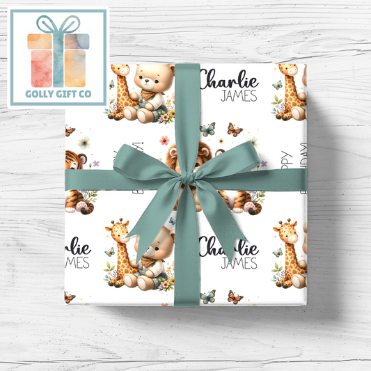 Personalized Special Occasion Wrapping Paper - Birthday - Baby Shower - Little Boy or Little Girl - Baby Animals and Teddy Bear Gift Wrap - Golly Gift Co