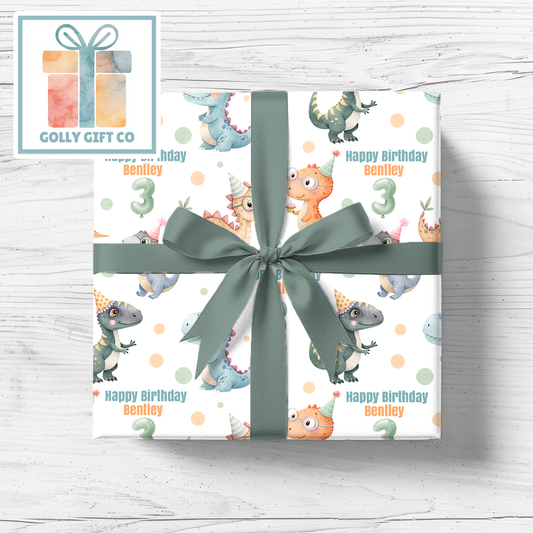 Personalized Dinosaur Birthday Wrapping Paper - Custom Age Gift Wrap for Kids 1-5