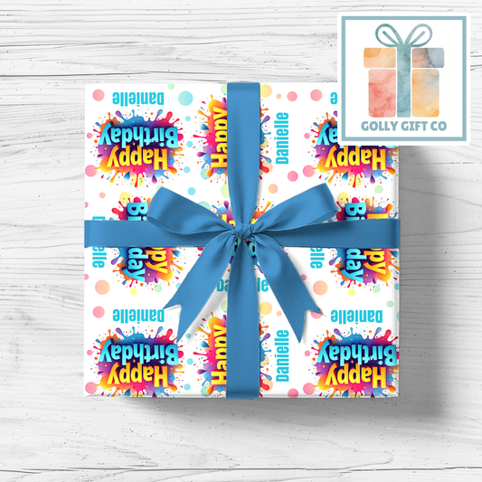 Personalized Birthday Wrapping Paper with Name - Colorful Paint Splash Design - Custom Gift Wrap