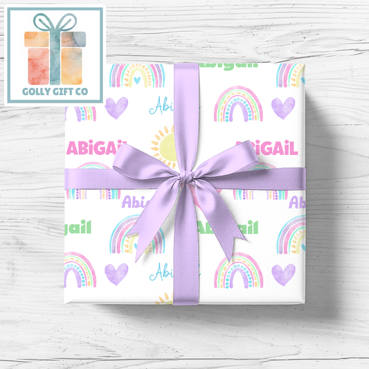 Personalized Rainbow Wrapping Paper - Custom Name Gift Wrap with Rainbows, Sunshine & Hearts