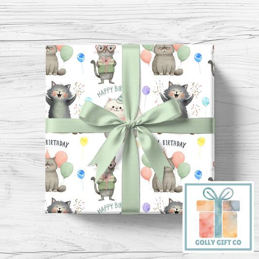 Adorable Birthday Cats with Balloons Wrapping Paper - Gift Wrap for Cat Lovers Birthdays with Cute Cats Saying Happy Birthday - Golly Gift Co