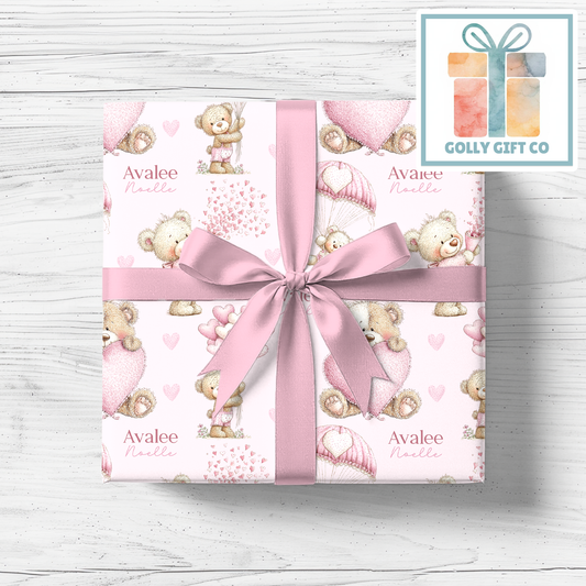 Personalized Pink Teddy Bear Wrapping Paper - Your Name Baby Birthday or Baby Shower Gift Wrap - Baby's Name with Pink Bears Gift Wrap - Golly Gift Co
