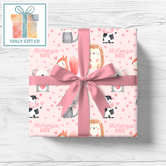 Personalized Wrapping Paper | Custom Name | Cute Baby Animals | Kids Birthday Gift Wrap | Pink Hearts | Baby Shower