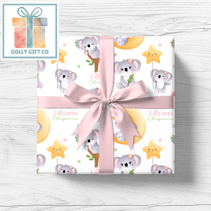 Personalized Koala Wrapping Paper, Custom Name Gift Wrap, Baby Girl Koala Bear, Baby Shower Gift Wrap, Kids Birthday Wrapping Paper