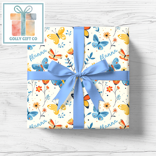 Custom Name Butterfly Wrapping Paper | Personalized Gift Wrap | Spring Floral Design | Birthday or Other Occasion