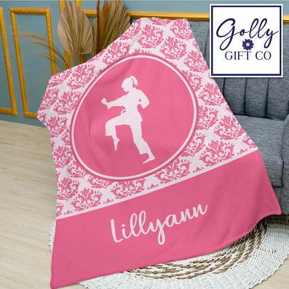 Personalized Pink Damask Karate Bedding - Martial Arts Themed Fleece or Sherpa Throw Blanket for Girls Who Do Martial Arts