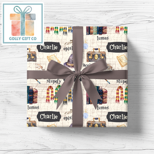 Personalized Magical Wizard School Wrapping Paper - Any Occasion Wrapping Paper - Gift Wrap with Wizard School Design - Golly Gift Co
