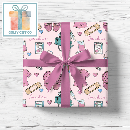 Personalized Nurse Wrapping Paper - Any Occasion Wrapping Paper for Nurse - Nursing Gift Wrap - Pink and Green - Golly Gift Co