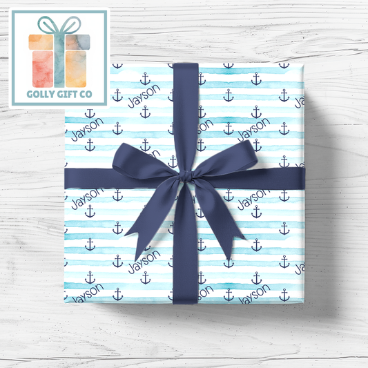 Personalized Blue Anchors Away Wrapping Paper - Your Name Baby Birthday or Baby Shower Gift Wrap - Baby's Name Navy Blue Themed Gift Wrap - Golly Gift Co