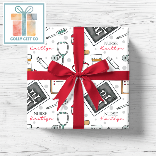 Personalized Nurse Wrapping Paper - Any Occasion Wrapping Paper for Nurse - Nursing Gift Wrap - Red and White - Golly Gift Co