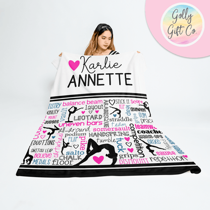 Personalized Gymnastics Fleece Blanket - 2 Names Typography Blanket for Gymnast - Golly Gift Co