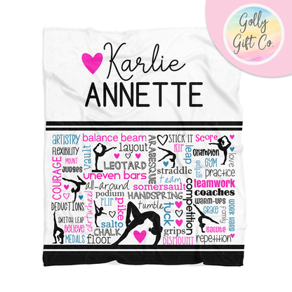 Personalized Gymnastics Fleece Blanket - 2 Names Typography Blanket for Gymnast - Golly Gift Co