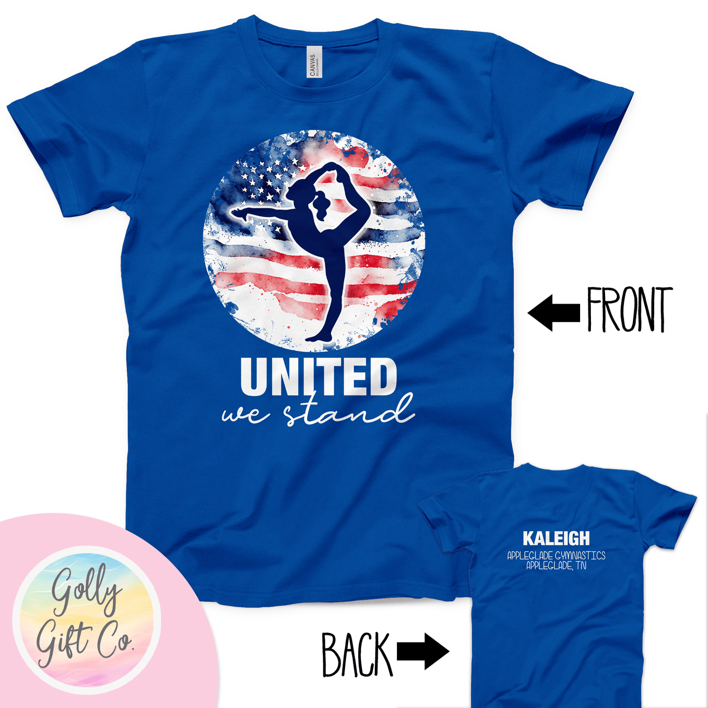 Personalized Gymnastics Team T-Shirt - Patriotic USA United We Stand - Golly Gift Co