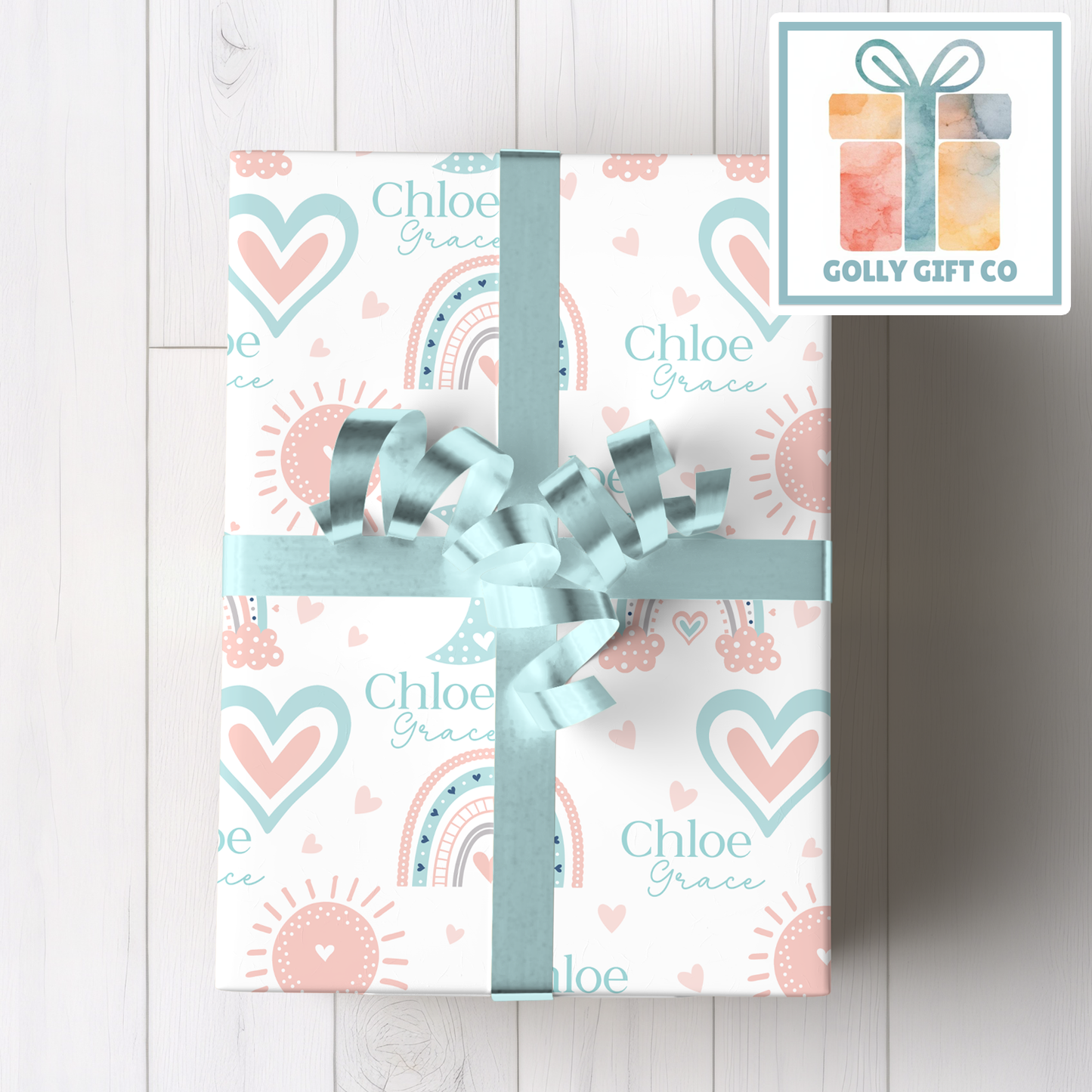 Personalized Rainbow Baby Wrapping Paper - Your Name Baby Birthday or Baby Shower Gift Wrap - Baby's Name and Rainbows Gift Wrap - Pink - Golly Gift Co