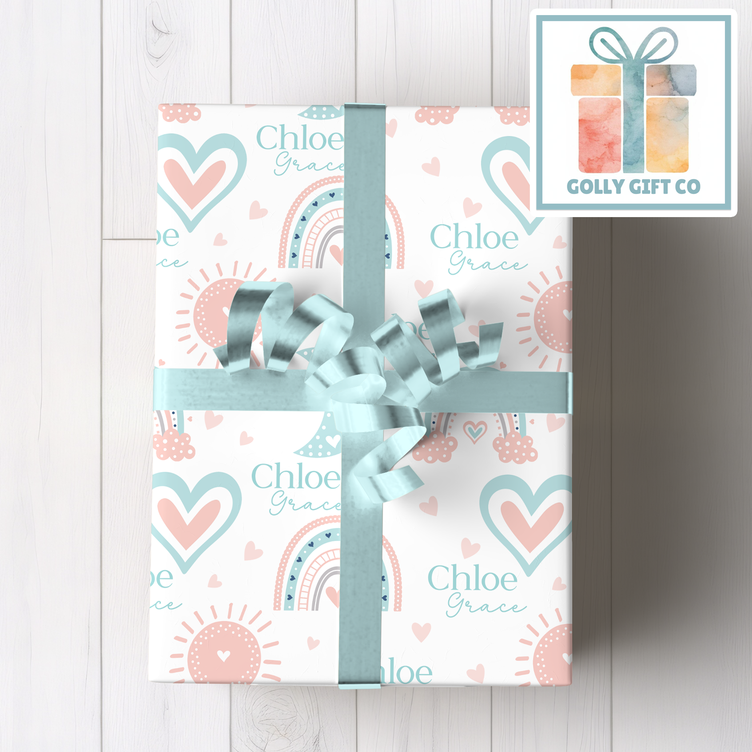 Personalized Rainbow Baby Wrapping Paper - Your Name Baby Birthday or Baby Shower Gift Wrap - Baby's Name and Rainbows Gift Wrap - Pink - Golly Gift Co