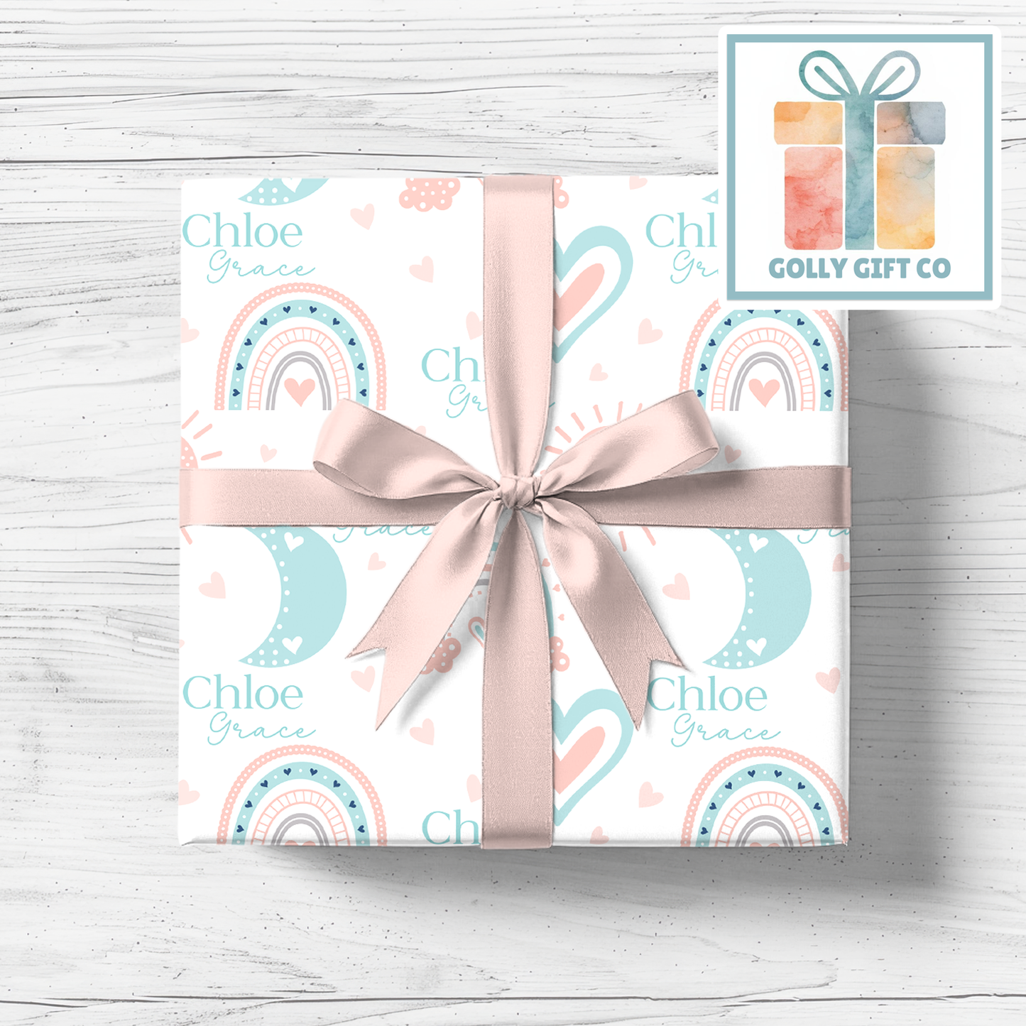 Personalized Rainbow Baby Wrapping Paper - Your Name Baby Birthday or Baby Shower Gift Wrap - Baby's Name and Rainbows Gift Wrap - Pink - Golly Gift Co