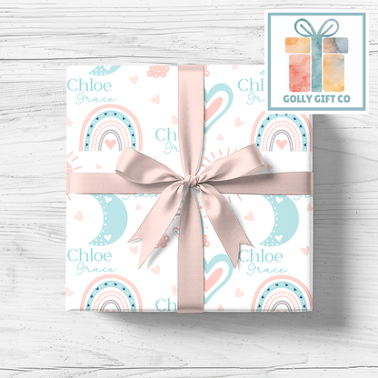 Personalized Rainbow Baby Wrapping Paper - Your Name Baby Birthday or Baby Shower Gift Wrap - Baby's Name and Rainbows Gift Wrap - Pink - Golly Gift Co