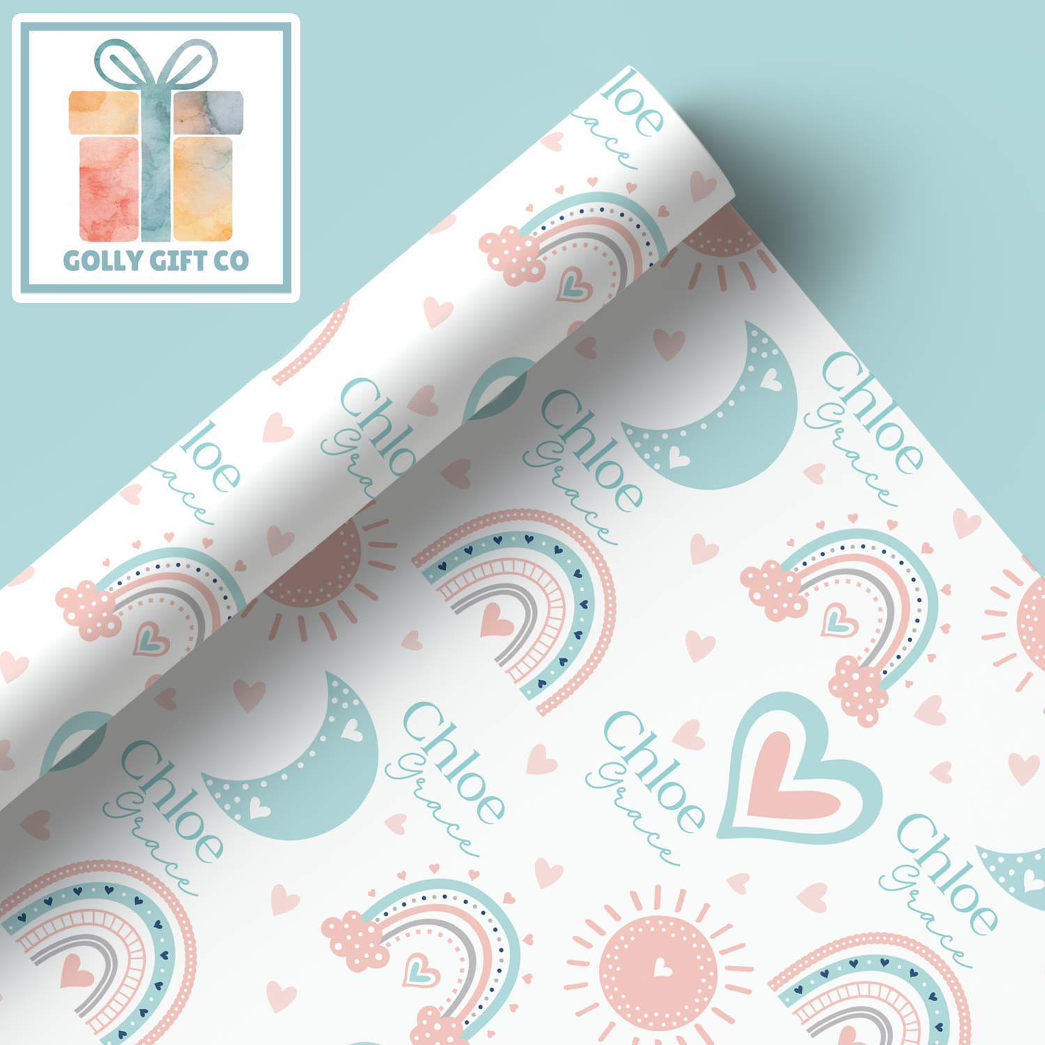 Personalized Rainbow Baby Wrapping Paper - Your Name Baby Birthday or Baby Shower Gift Wrap - Baby's Name and Rainbows Gift Wrap - Pink - Golly Gift Co