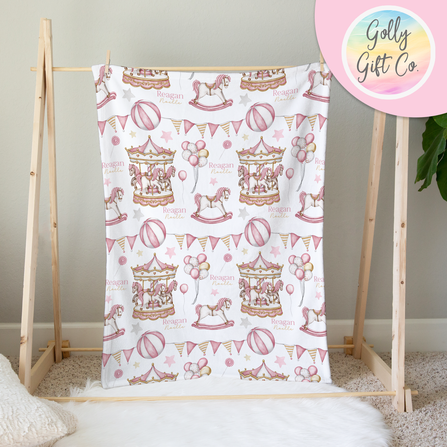 Personalized Carousel Fleece Blanket / Gift for New Baby Girl / Customized Baby Gift / Your Name Blanket/ Carousel Horse Baby Bedding - Pink