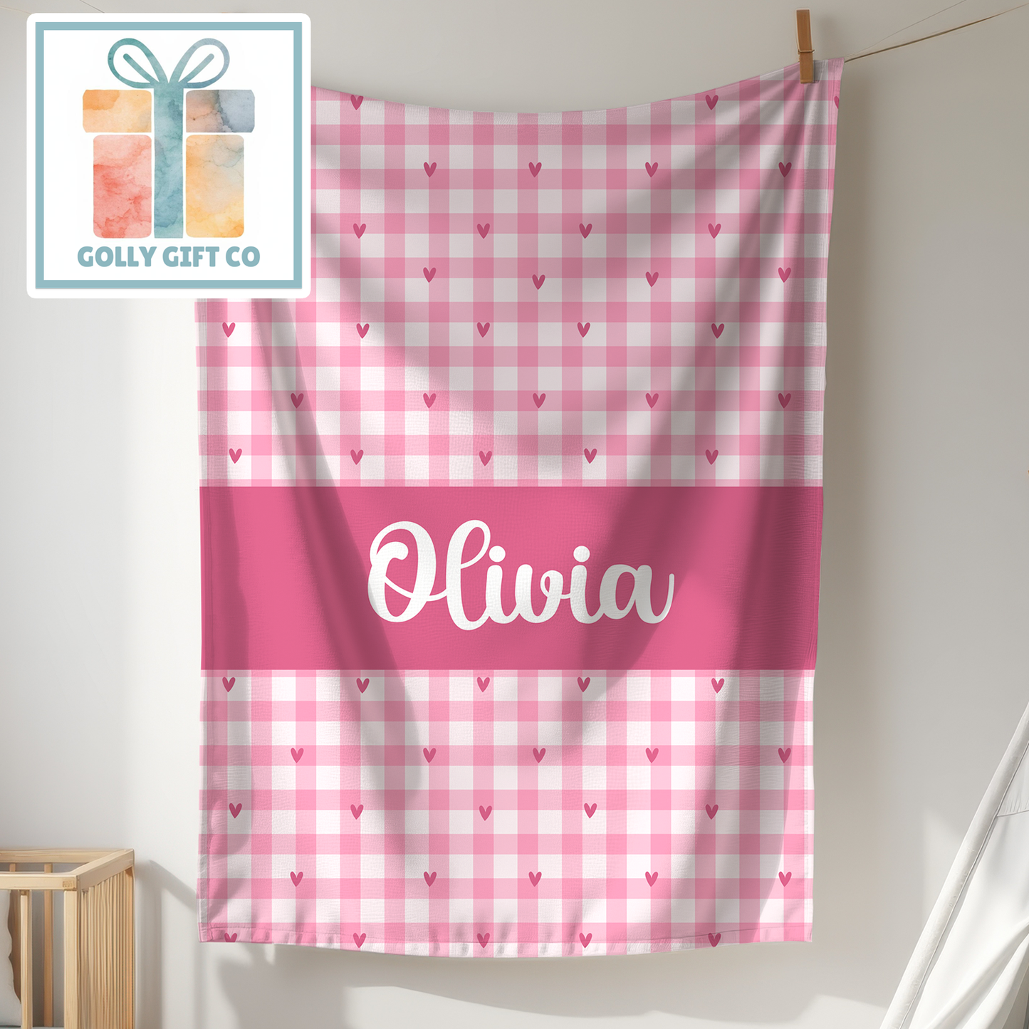 Pink Gingham Heart Baby Blanket - Personalized Name Blanket for Girls - Fleece Blanket - Golly Gift Co