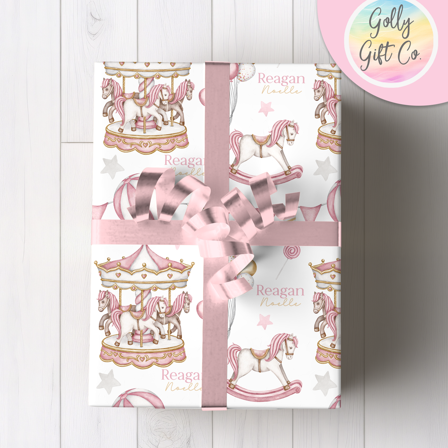 Personalized Pink Carousel Wrapping Paper - Your Name Baby Birthday or Baby Shower Gift Wrap - Baby's Name on Pink Carousel Gift Wrap