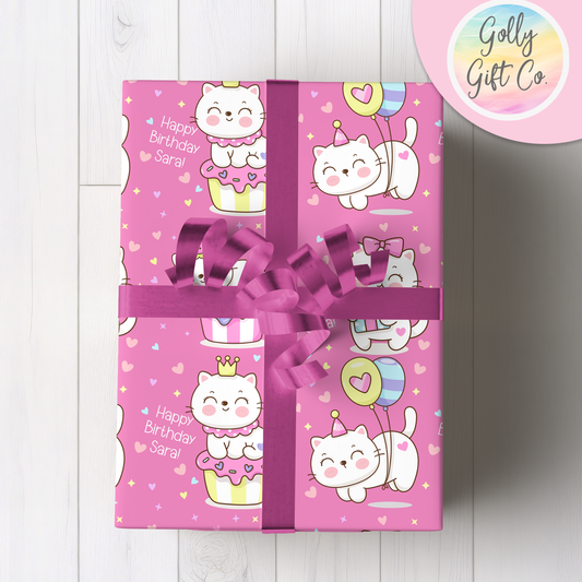 Personalized Kawaii Cat Happy Birthday Wrapping Paper - Customized Cute Kawaii Kitty Gift Wrap with Name On It