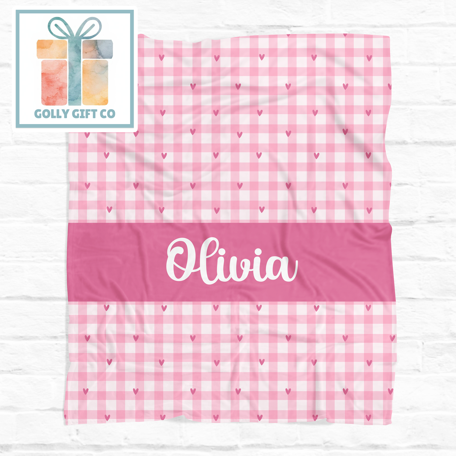 Pink Gingham Heart Baby Blanket - Personalized Name Blanket for Girls - Fleece Blanket - Golly Gift Co