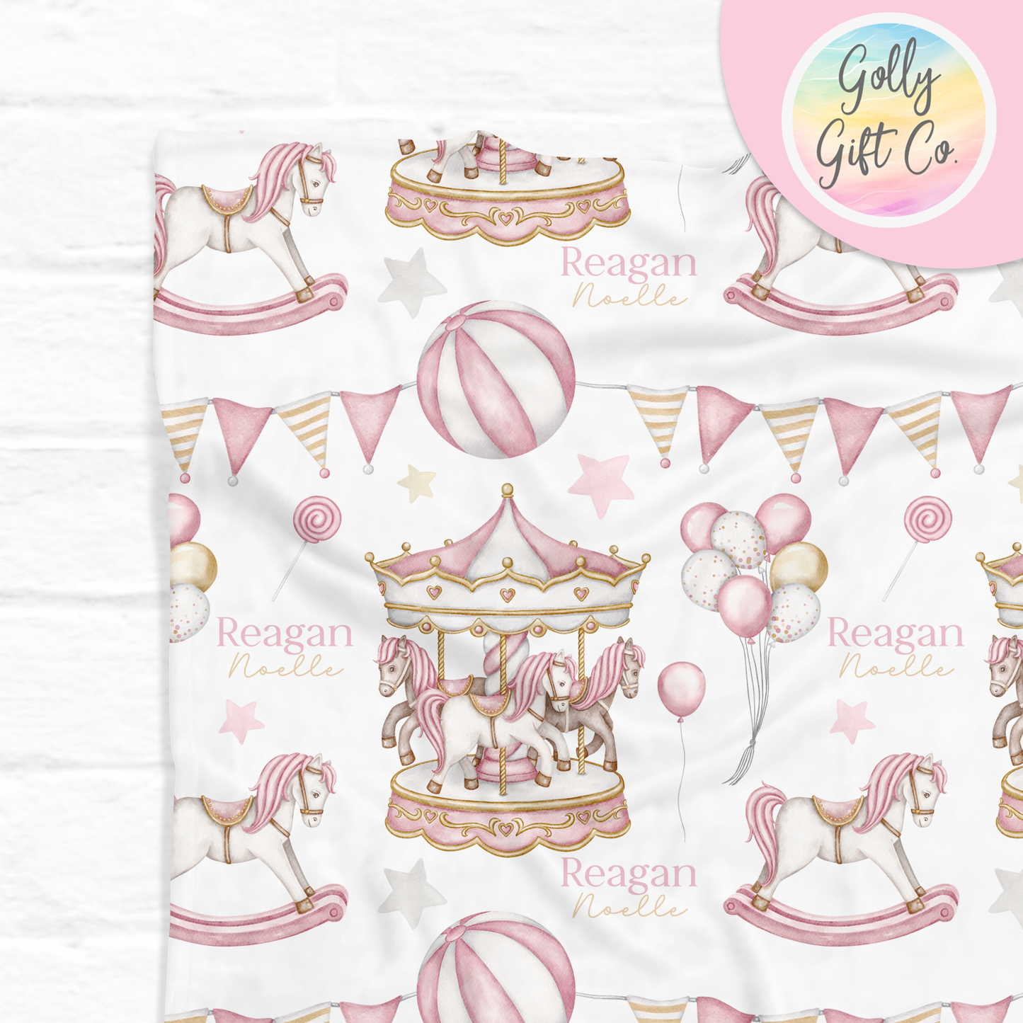 Personalized Carousel Fleece Blanket / Gift for New Baby Girl / Customized Baby Gift / Your Name Blanket/ Carousel Horse Baby Bedding - Pink