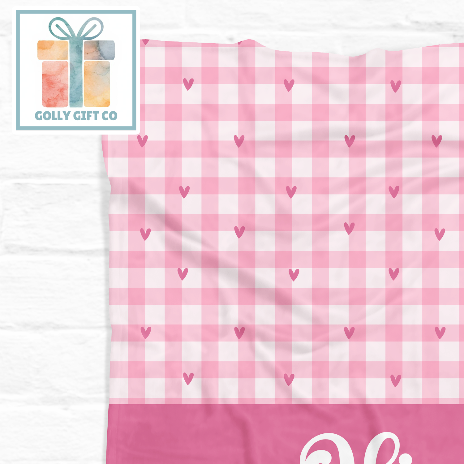 Pink Gingham Heart Baby Blanket - Personalized Name Blanket for Girls - Fleece Blanket - Golly Gift Co